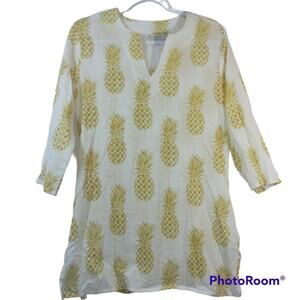 Mahogany Natural White Yellow Pineapple Print Tunic Top Vacation Beach Size M